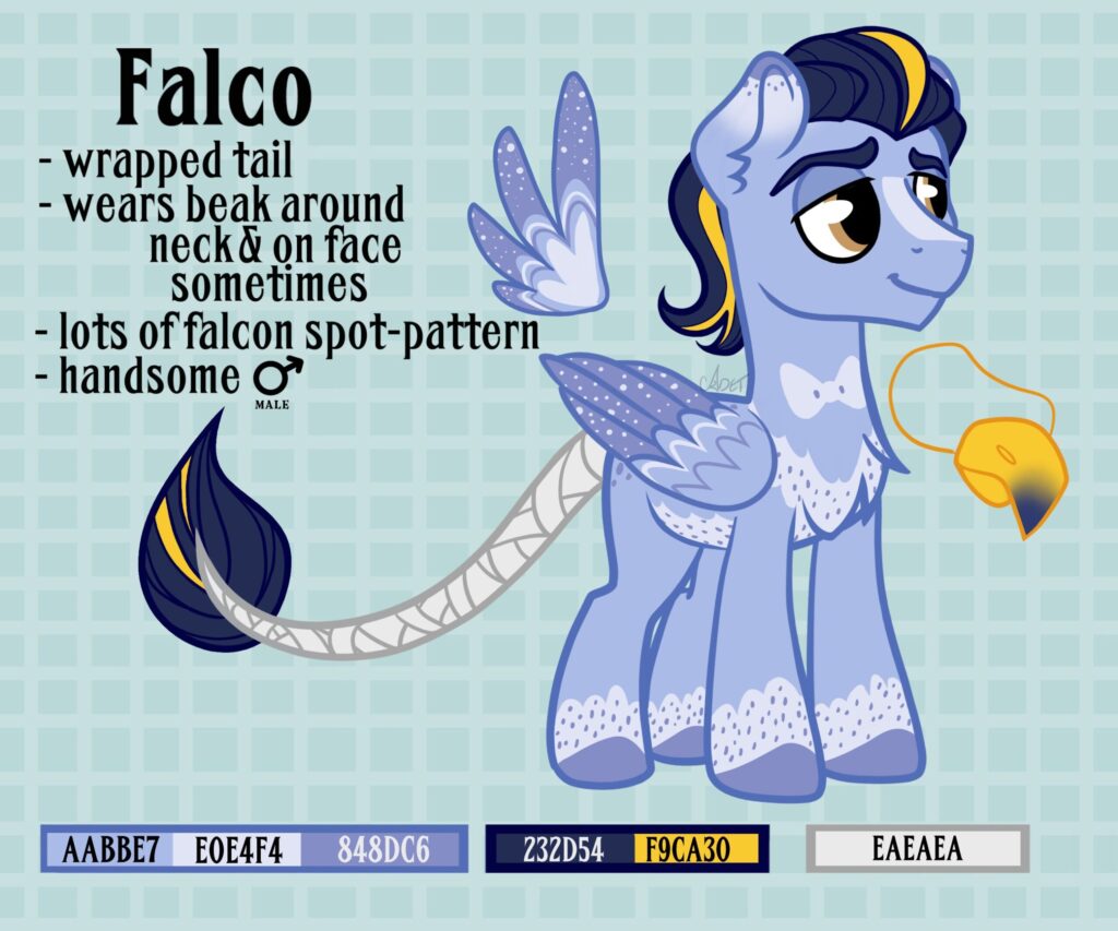 Falco - male pegasus pony - wrapped tail - wears beak around neck & on face sometimes - lots of falcon-spot pattern - handsome