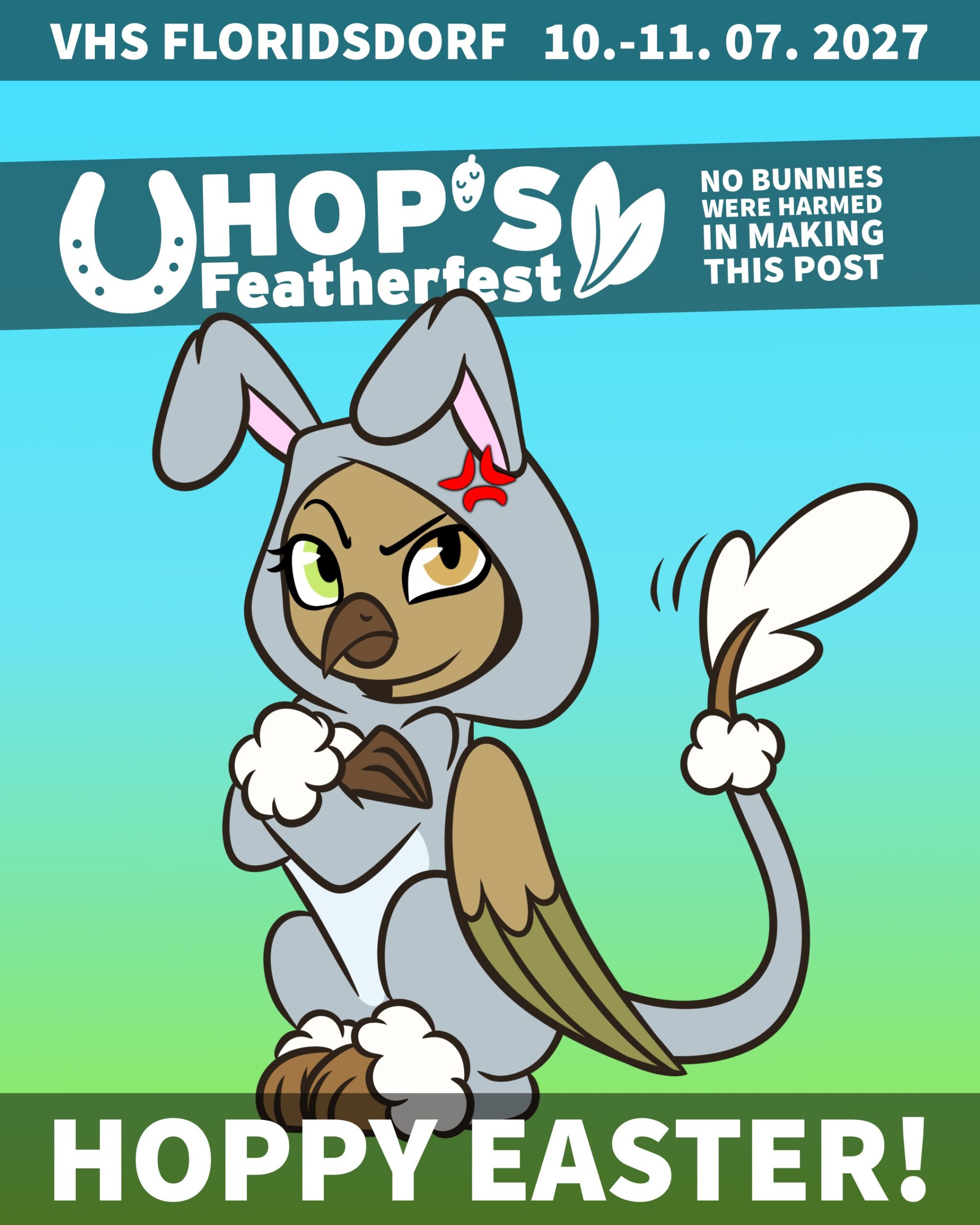Hop dressed up as bunny being annoyed about it, caption "hoppy easter"