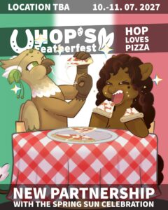 Hop and Moka enjoy Pizza together celebrating the new partnership between Hop's Featherfest and the Spring Sun Celebration